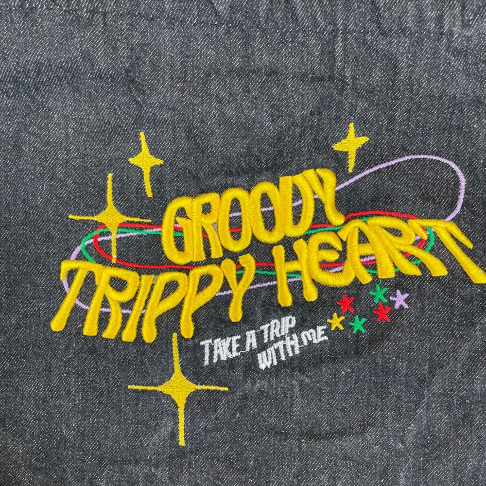 Groovy Trippy Heart Black Denim Embroidered‎ Tote Bag Take A Trip With Me Retro - Picture 2 of 10